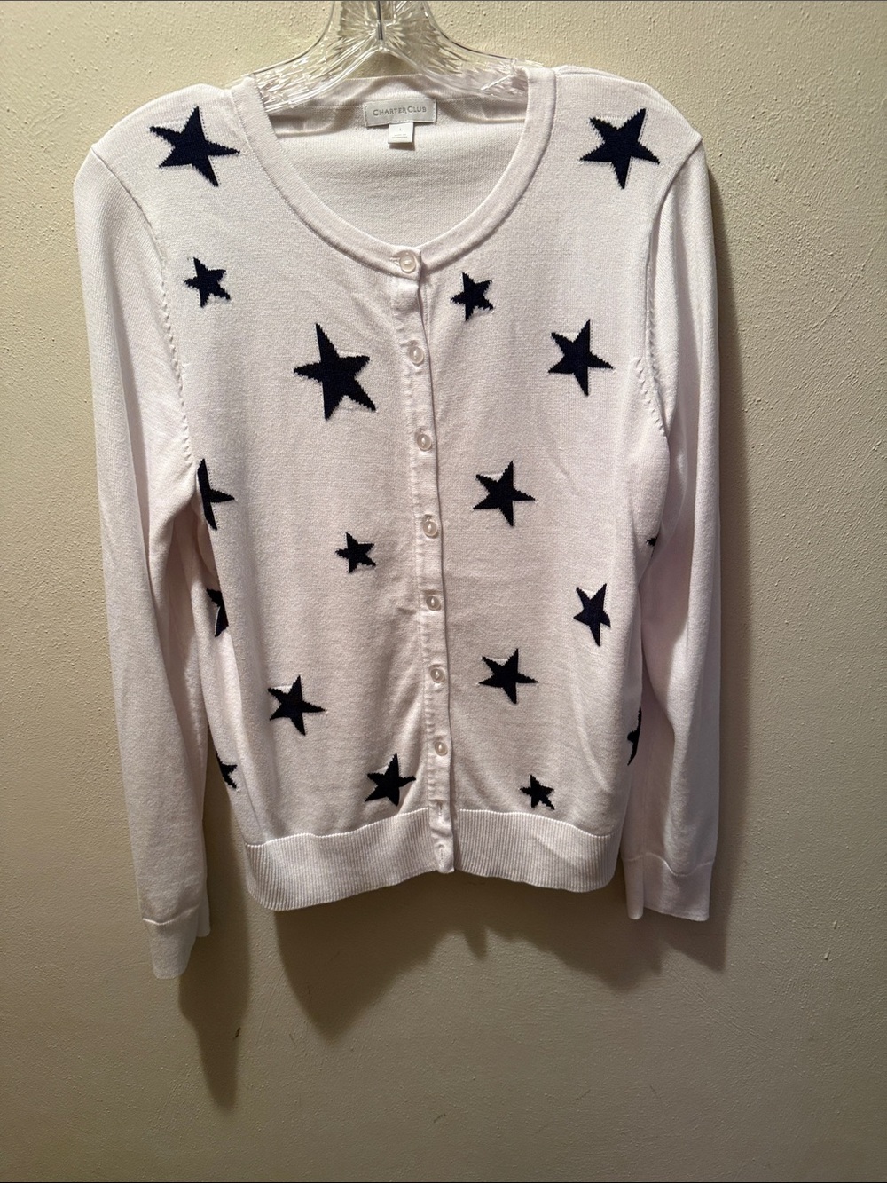 Charter Club White Cardigan with Navy Star Accents